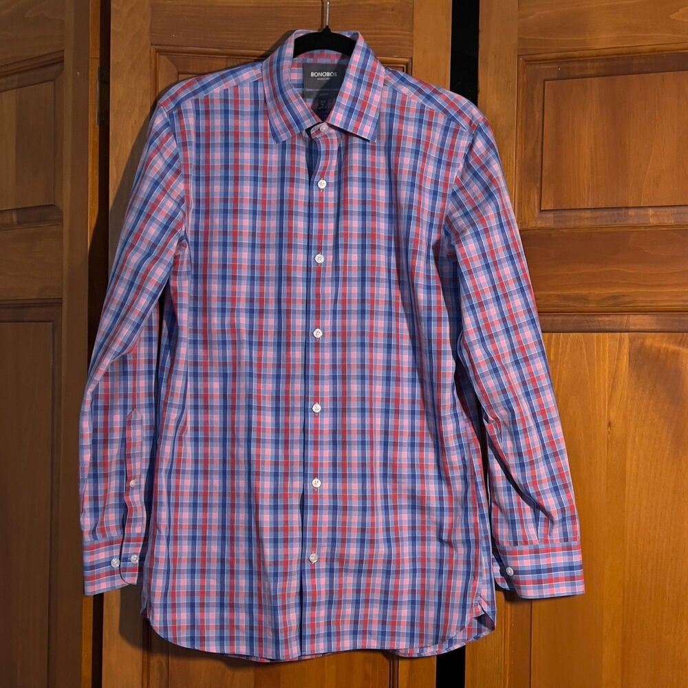 Bonobos Slim Fit Wrinkle-Free Plaid Button Down Shirt Mens 15.5/34 Blue Red Pink